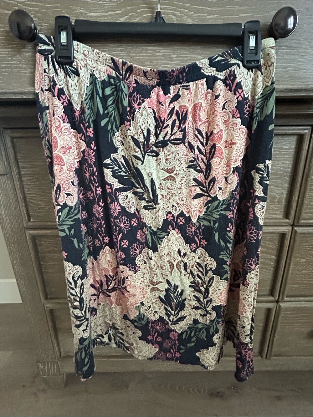 Christopher & Banks Black Floral Midi Skirt with Pink and Cream Paisley